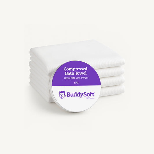 BuddySoft compressed disposable bath towels expanding to 70x140cm