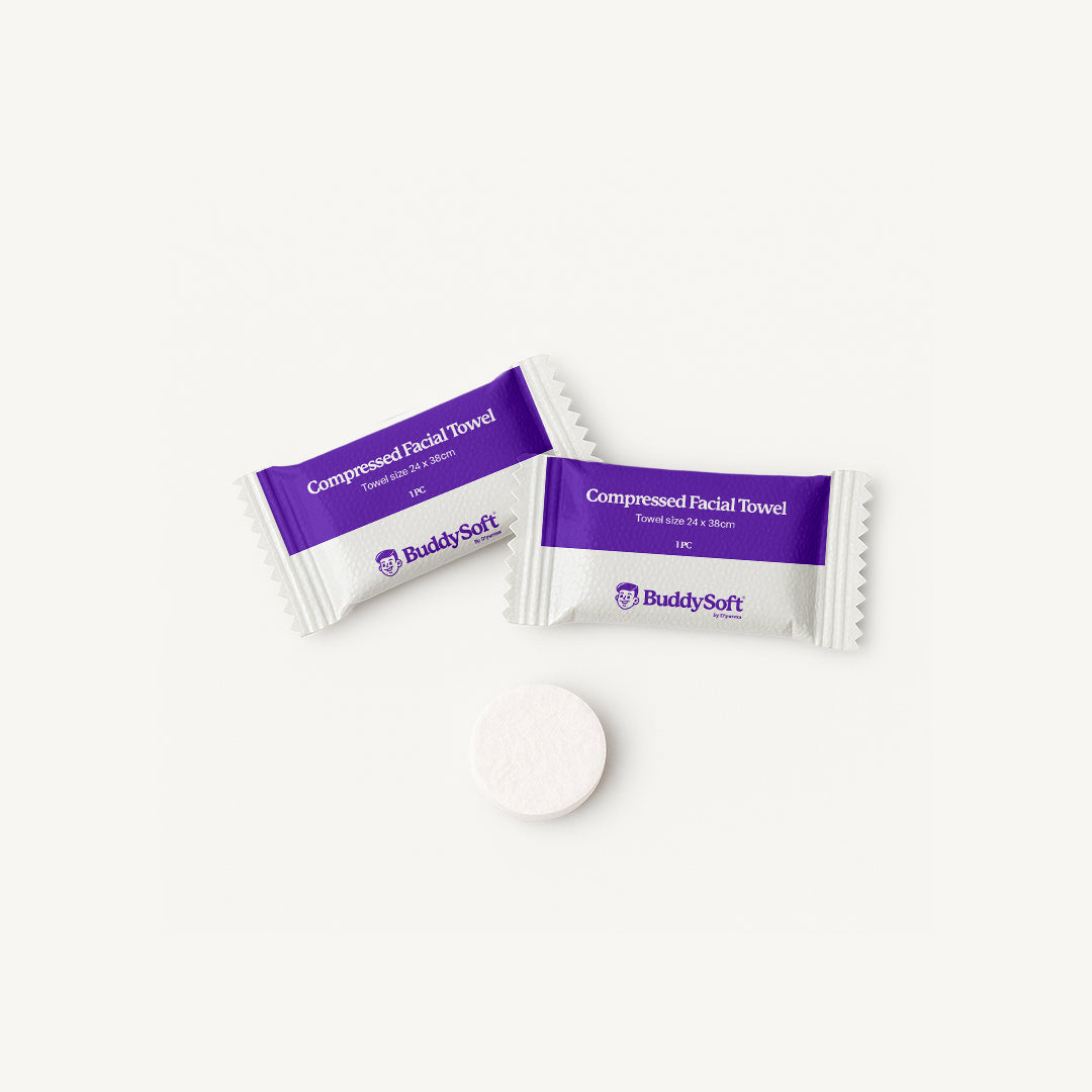 BuddySoft compressed disposable facial towels expanding to 24x38cm for skincare use
