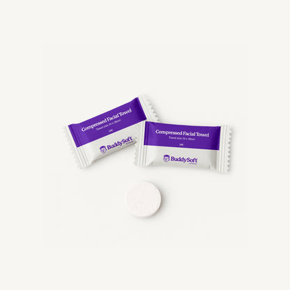 BuddySoft compressed disposable facial towels expanding to 24x38cm for skincare use