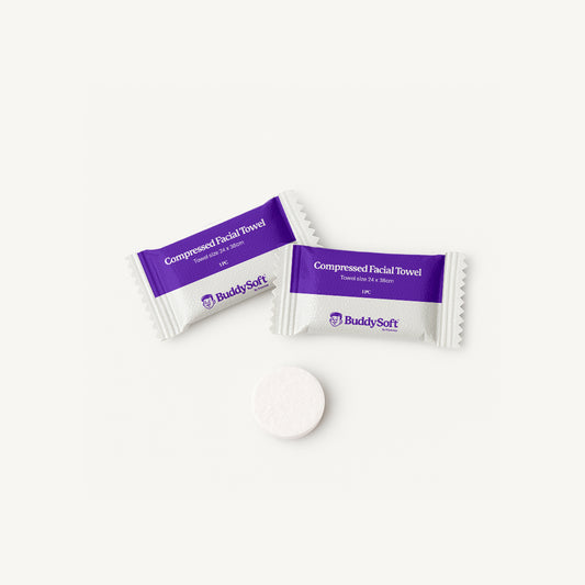 BuddySoft compressed disposable facial towels expanding to 24x38cm for skincare use