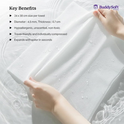 BuddySoft compressed disposable facial towels expanding to 24x38cm for skincare use