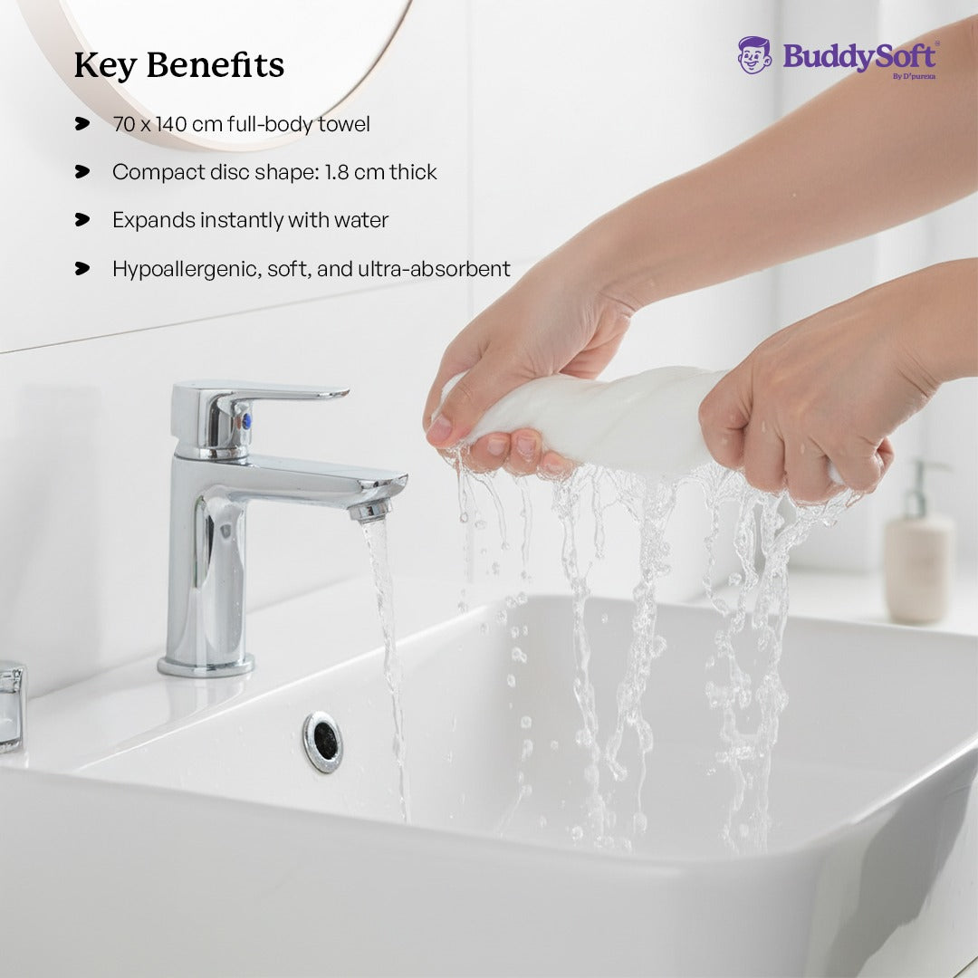 BuddySoft compressed disposable bath towels expanding to 70x140cm